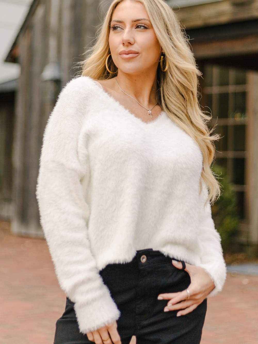 Bella Dahl Fuzzy V-Neck Sweater Winter White